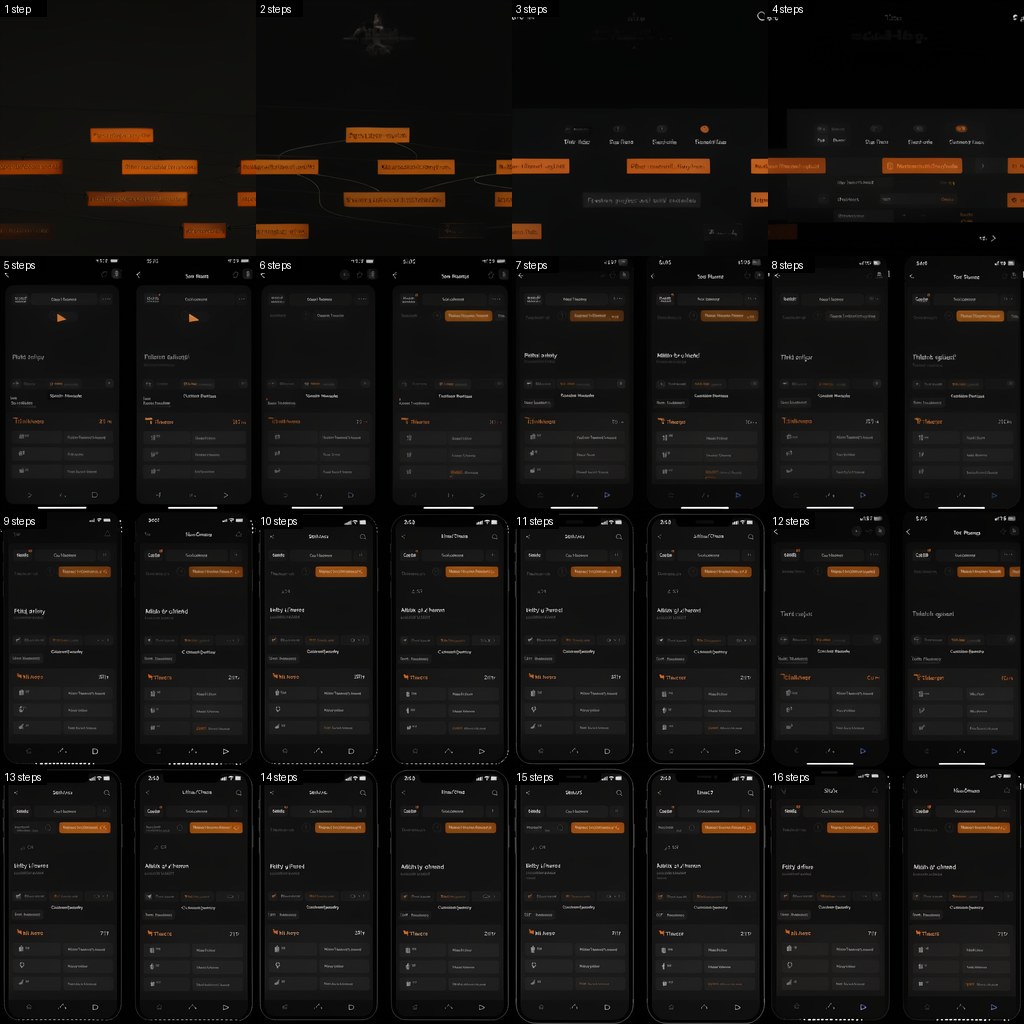 Steps 1 to 16, left to right, top to bottom, for the prompt "same app screen in dark mode with orange accents". Small text is garbled at every step count, including 16.